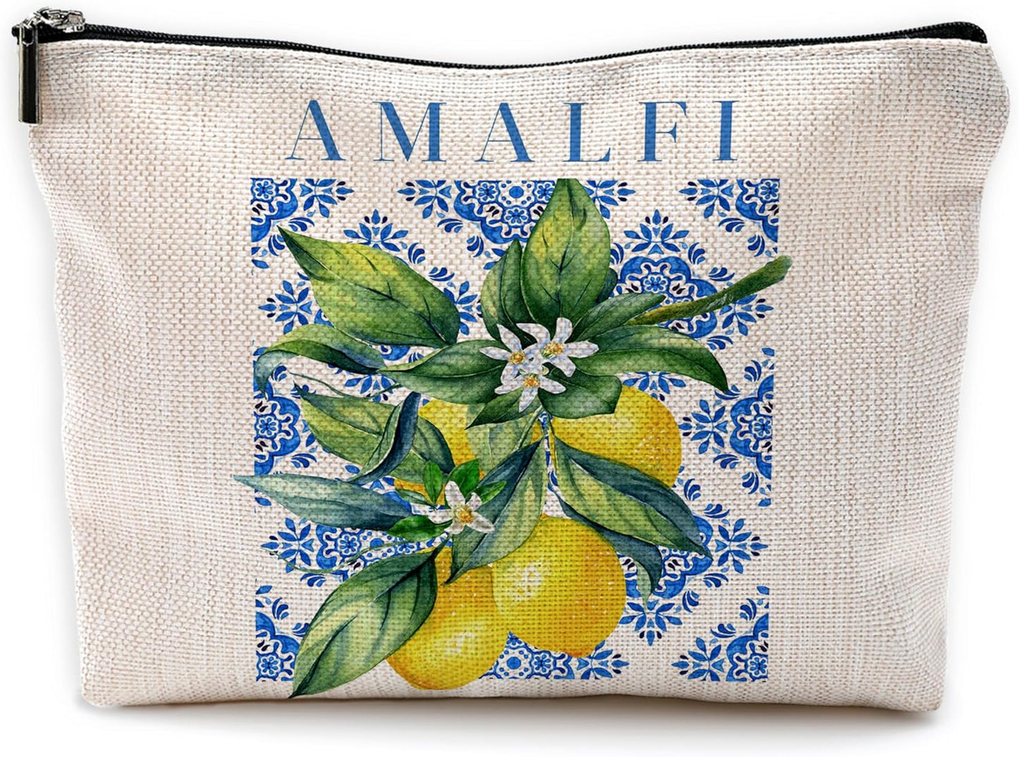 Italian Amalfi Coast Lemon Makeup Bag, Blue and White Floral Cosmetic Bags Toiletry Bag for Women, Italian Themed Gifts, Mediterranean Tiles Lemon Tree Makeup Pouch