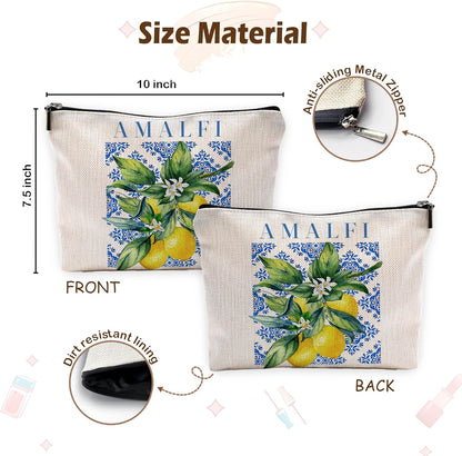Italian Amalfi Coast Lemon Makeup Bag, Blue and White Floral Cosmetic Bags Toiletry Bag for Women, Italian Themed Gifts, Mediterranean Tiles Lemon Tree Makeup Pouch