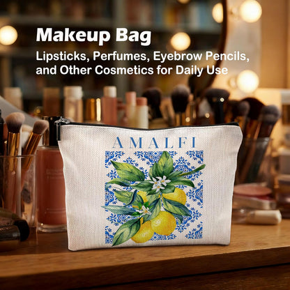 Italian Amalfi Coast Lemon Makeup Bag, Blue and White Floral Cosmetic Bags Toiletry Bag for Women, Italian Themed Gifts, Mediterranean Tiles Lemon Tree Makeup Pouch