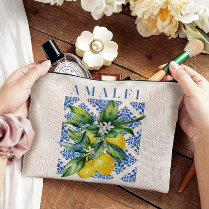 Italian Amalfi Coast Lemon Makeup Bag, Blue and White Floral Cosmetic Bags Toiletry Bag for Women, Italian Themed Gifts, Mediterranean Tiles Lemon Tree Makeup Pouch