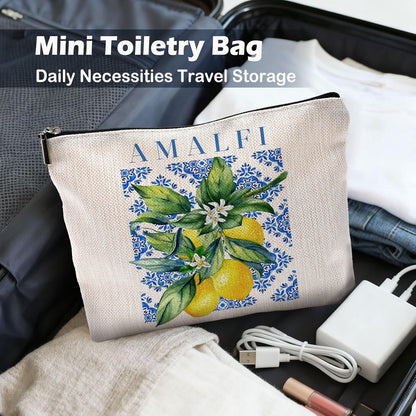 Italian Amalfi Coast Lemon Makeup Bag, Blue and White Floral Cosmetic Bags Toiletry Bag for Women, Italian Themed Gifts, Mediterranean Tiles Lemon Tree Makeup Pouch