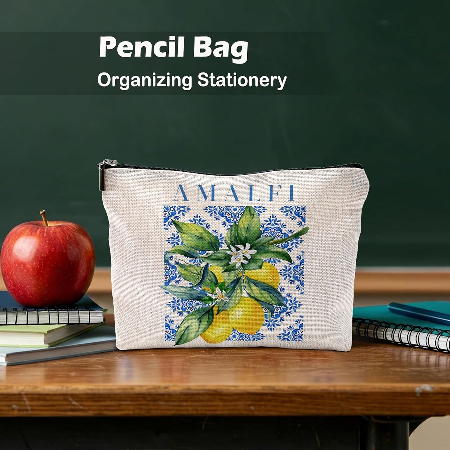 Italian Amalfi Coast Lemon Makeup Bag, Blue and White Floral Cosmetic Bags Toiletry Bag for Women, Italian Themed Gifts, Mediterranean Tiles Lemon Tree Makeup Pouch