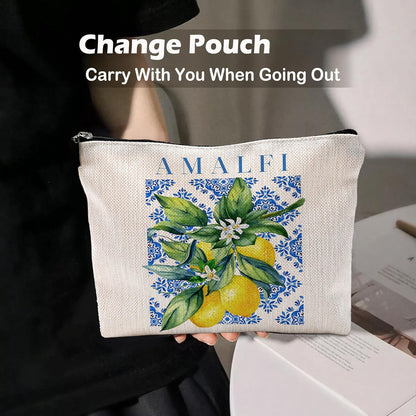 Italian Amalfi Coast Lemon Makeup Bag, Blue and White Floral Cosmetic Bags Toiletry Bag for Women, Italian Themed Gifts, Mediterranean Tiles Lemon Tree Makeup Pouch