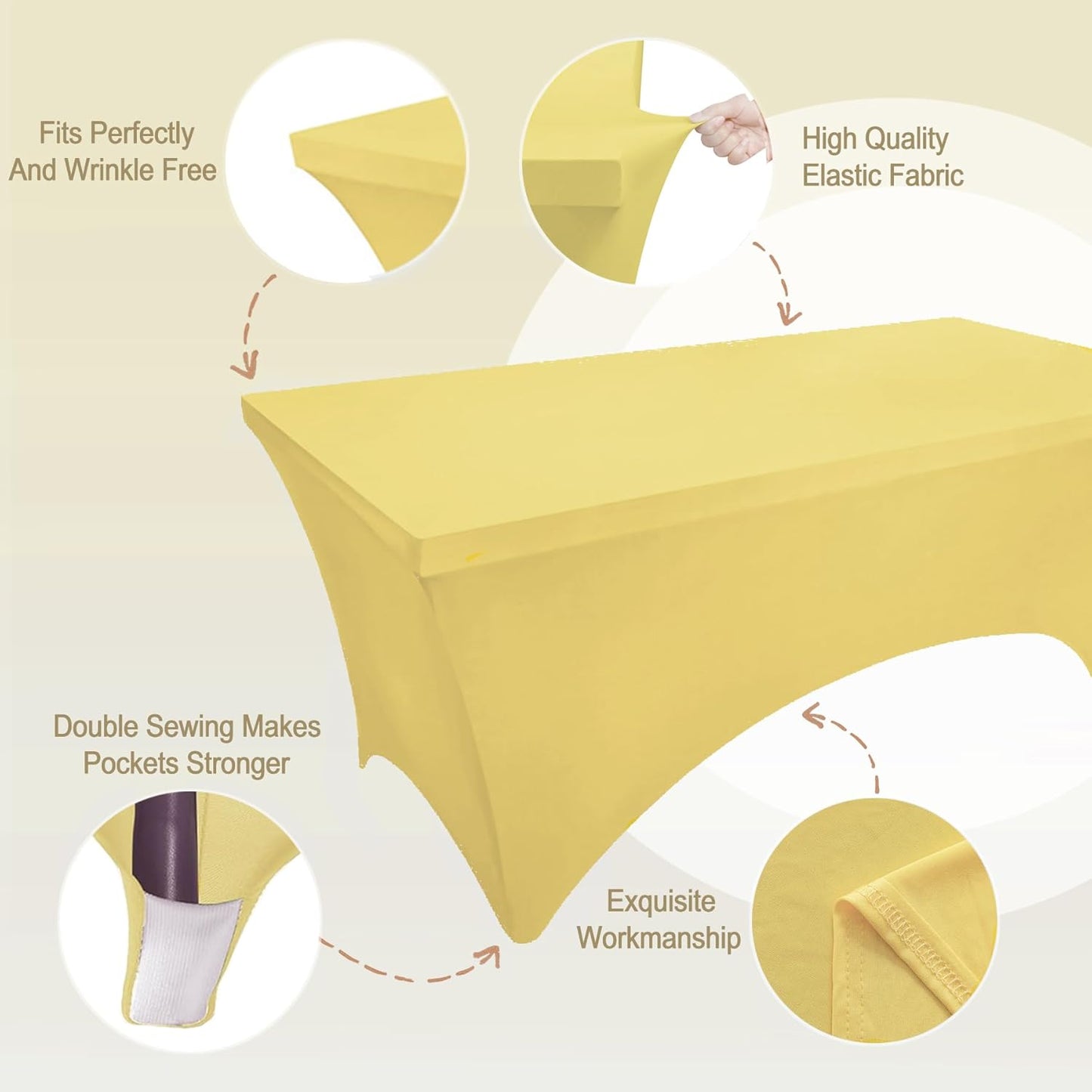 Yellow 6ft Fitted Rectangle Tablecloth with Elastic, Water Resistant Washable Spandex Table Cover for 6 Foot Folding Tables, Stretch Table Cloth for Weddings, Banquets, Parties