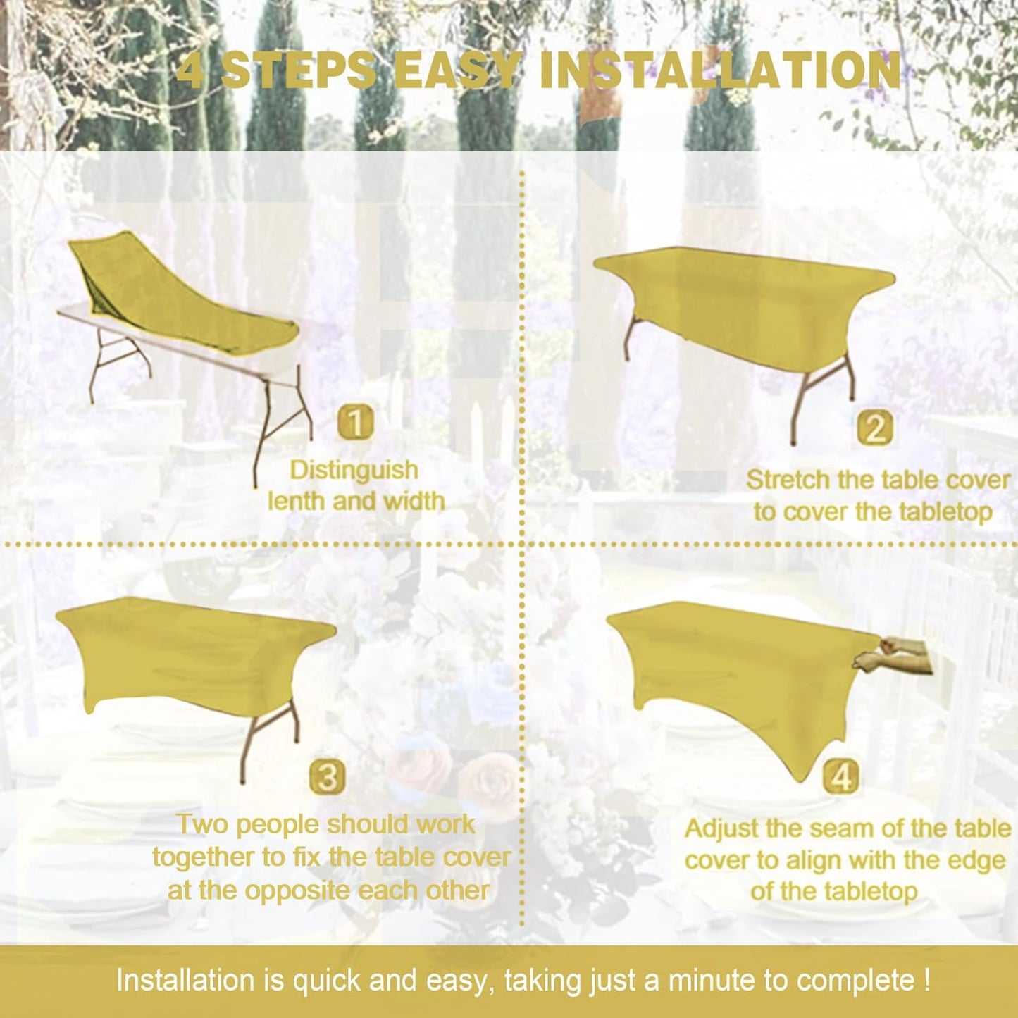 Yellow 6ft Fitted Rectangle Tablecloth with Elastic, Water Resistant Washable Spandex Table Cover for 6 Foot Folding Tables, Stretch Table Cloth for Weddings, Banquets, Parties