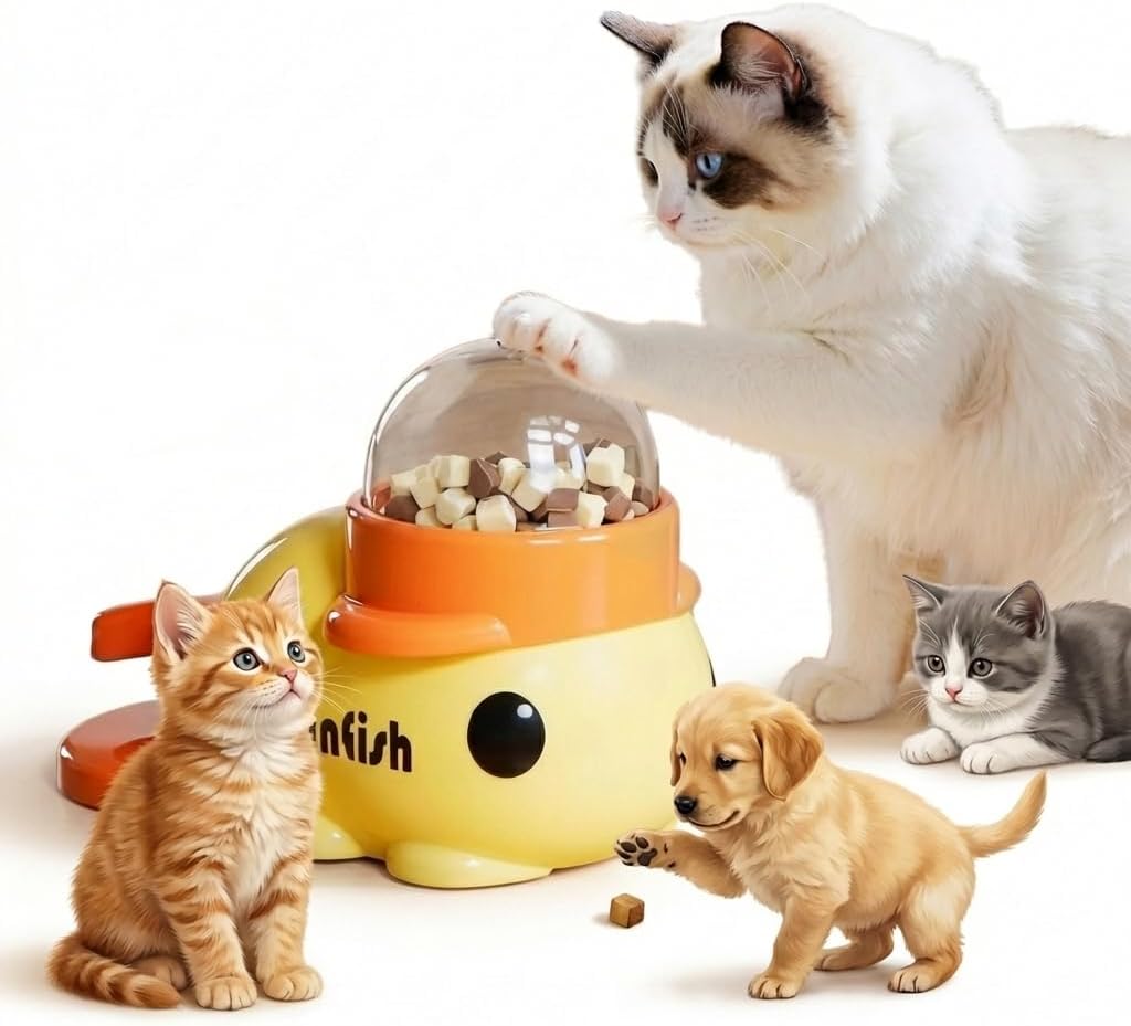 Duck-Shaped Interactive Slow Feeder for Cats & Dogs, Automatic Treat Dispenser Toy for Mental Stimulation and Anxiety Relief, Suitable for Small-Medium Pets (Yellow Duck Treat Dispenser)