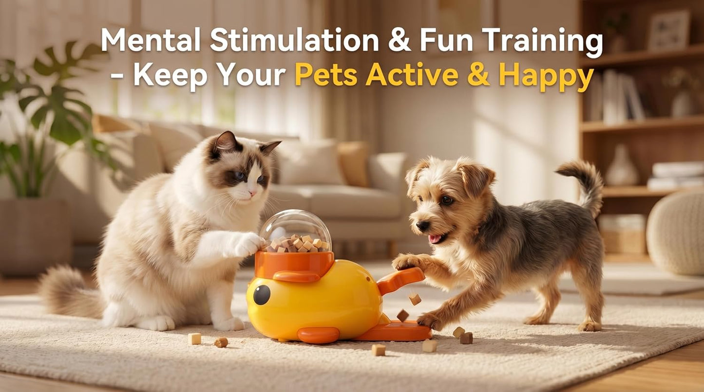 Duck-Shaped Interactive Slow Feeder for Cats & Dogs, Automatic Treat Dispenser Toy for Mental Stimulation and Anxiety Relief, Suitable for Small-Medium Pets (Yellow Duck Treat Dispenser)