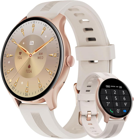 Smart Watch for Women Men Answer/Make Calls for iPhone/Android Cream | 1.4" HD Round Fitness Tracker Watch, Heart Rate/Sleep Monitor, Step/Calories Counter, Track 100+ Sport Types, IP68 Waterproof