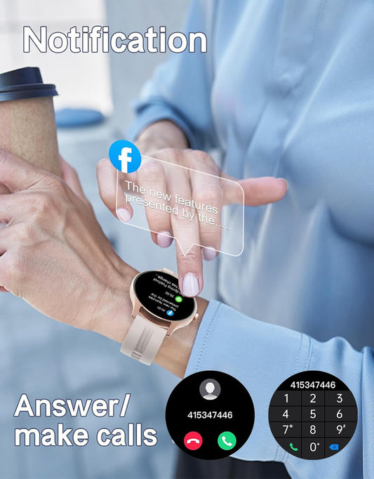 Smart Watch for Women Men Answer/Make Calls for iPhone/Android Cream | 1.4" HD Round Fitness Tracker Watch, Heart Rate/Sleep Monitor, Step/Calories Counter, Track 100+ Sport Types, IP68 Waterproof