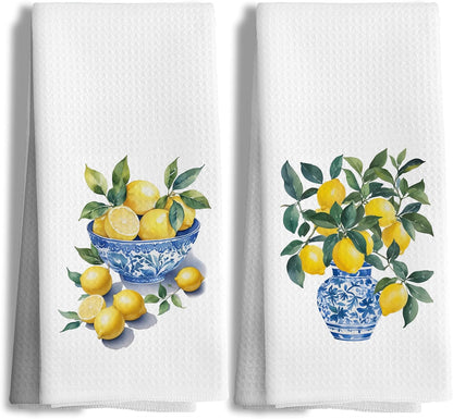 Chinoiserie Lemon Kitchen Hand Towels Decorative Set of 2 for Bathroom,Blue and White Chinoiserie Lemon Kitchen Bathroom Decor and Accessories, 16x24 Inch