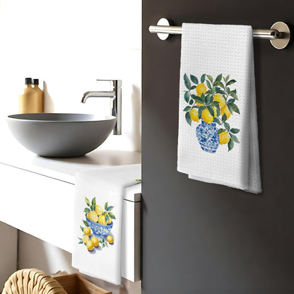 Chinoiserie Lemon Kitchen Hand Towels Decorative Set of 2 for Bathroom,Blue and White Chinoiserie Lemon Kitchen Bathroom Decor and Accessories, 16x24 Inch