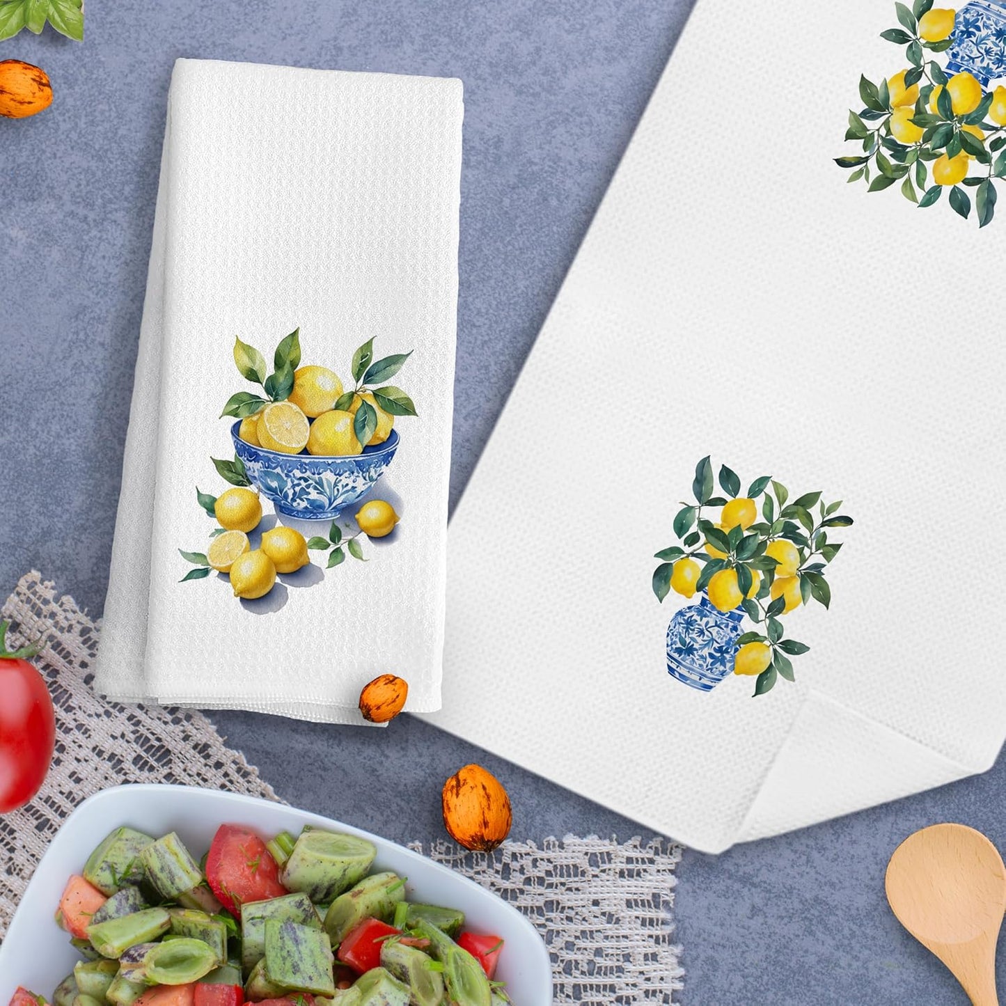 Chinoiserie Lemon Kitchen Hand Towels Decorative Set of 2 for Bathroom,Blue and White Chinoiserie Lemon Kitchen Bathroom Decor and Accessories, 16x24 Inch