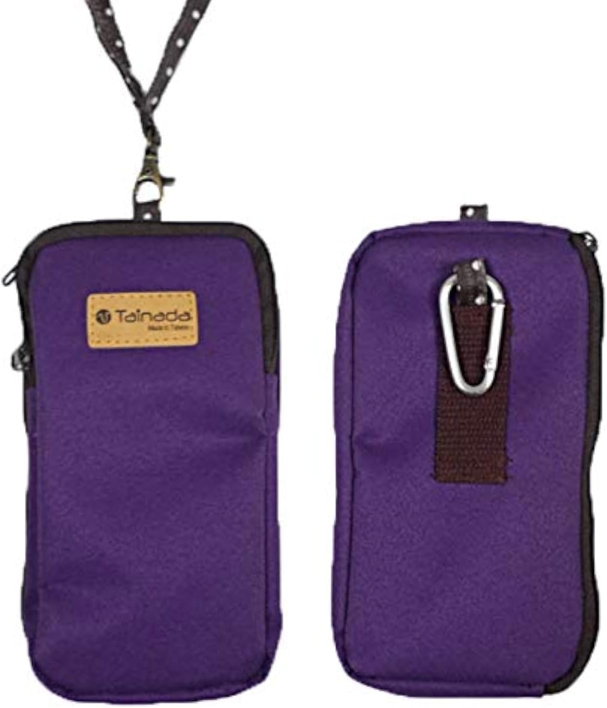 Dual Zip Neck Phone Pocket Pouch Case w/Belt Loop & Clip (Purple) | Small water-resistant, lightweight, two zip purse for walking, hiking & shopping; With carabiner; Fits most of cell phones
