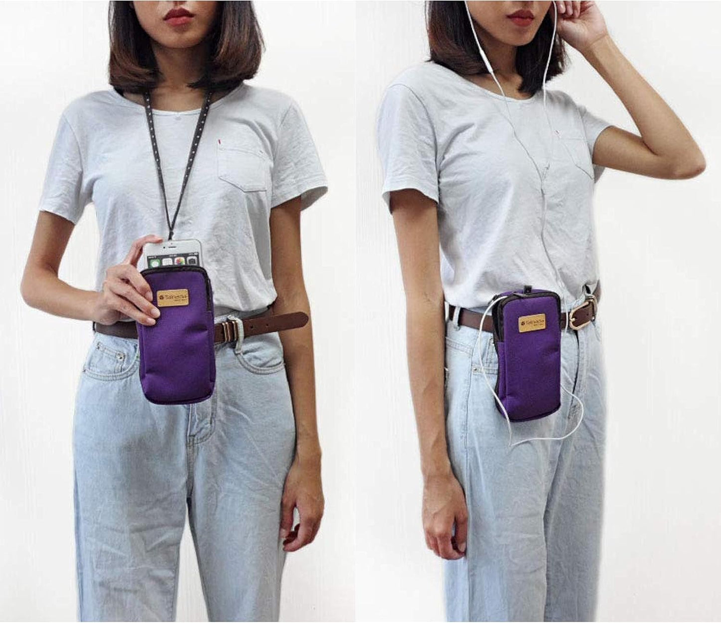 Dual Zip Neck Phone Pocket Pouch Case w/Belt Loop & Clip (Purple) | Small water-resistant, lightweight, two zip purse for walking, hiking & shopping; With carabiner; Fits most of cell phones