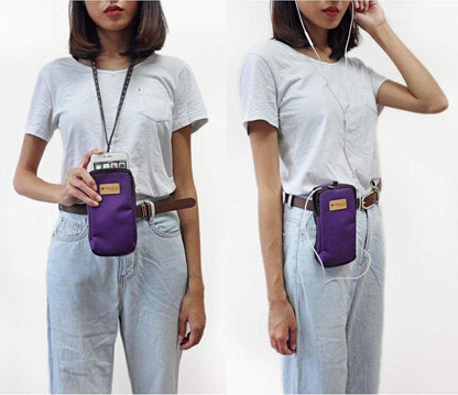Dual Zip Neck Phone Pocket Pouch Case w/Belt Loop & Clip (Purple) | Small water-resistant, lightweight, two zip purse for walking, hiking & shopping; With carabiner; Fits most of cell phones