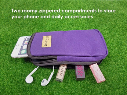 Dual Zip Neck Phone Pocket Pouch Case w/Belt Loop & Clip (Purple) | Small water-resistant, lightweight, two zip purse for walking, hiking & shopping; With carabiner; Fits most of cell phones