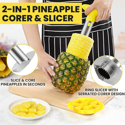 Premium Pineapple Corer and Slicer Tool - Pineapple Cutter with Sharp Serrated Tips - Easy to Use & Clean - Stainless Steel Core Remover for Pineapple - Slice and Core Fruits with Ease(Yellow)