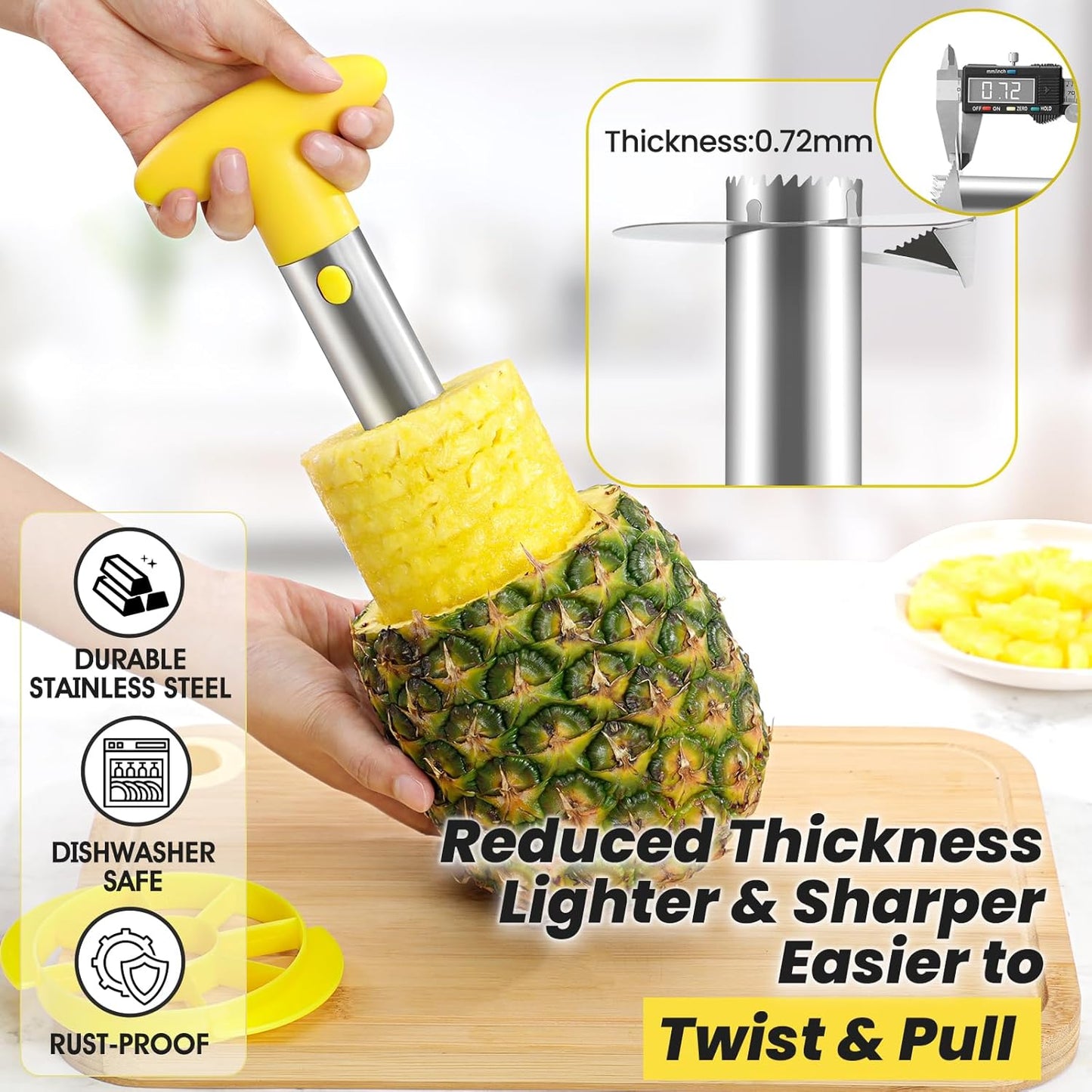 Premium Pineapple Corer and Slicer Tool - Pineapple Cutter with Sharp Serrated Tips - Easy to Use & Clean - Stainless Steel Core Remover for Pineapple - Slice and Core Fruits with Ease(Yellow)