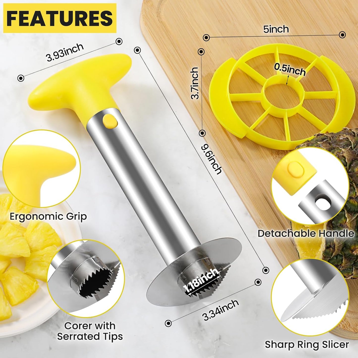 Premium Pineapple Corer and Slicer Tool - Pineapple Cutter with Sharp Serrated Tips - Easy to Use & Clean - Stainless Steel Core Remover for Pineapple - Slice and Core Fruits with Ease(Yellow)