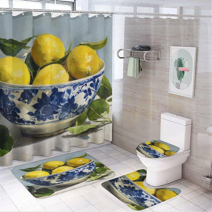 Yellow Lemons 4 Pcs Shower Curtain Accessories Waterproof Shower Curtains Yellow Summer Lemon Polyester Shower Curtain 72x72 Fabric Shower Curtain with Rug