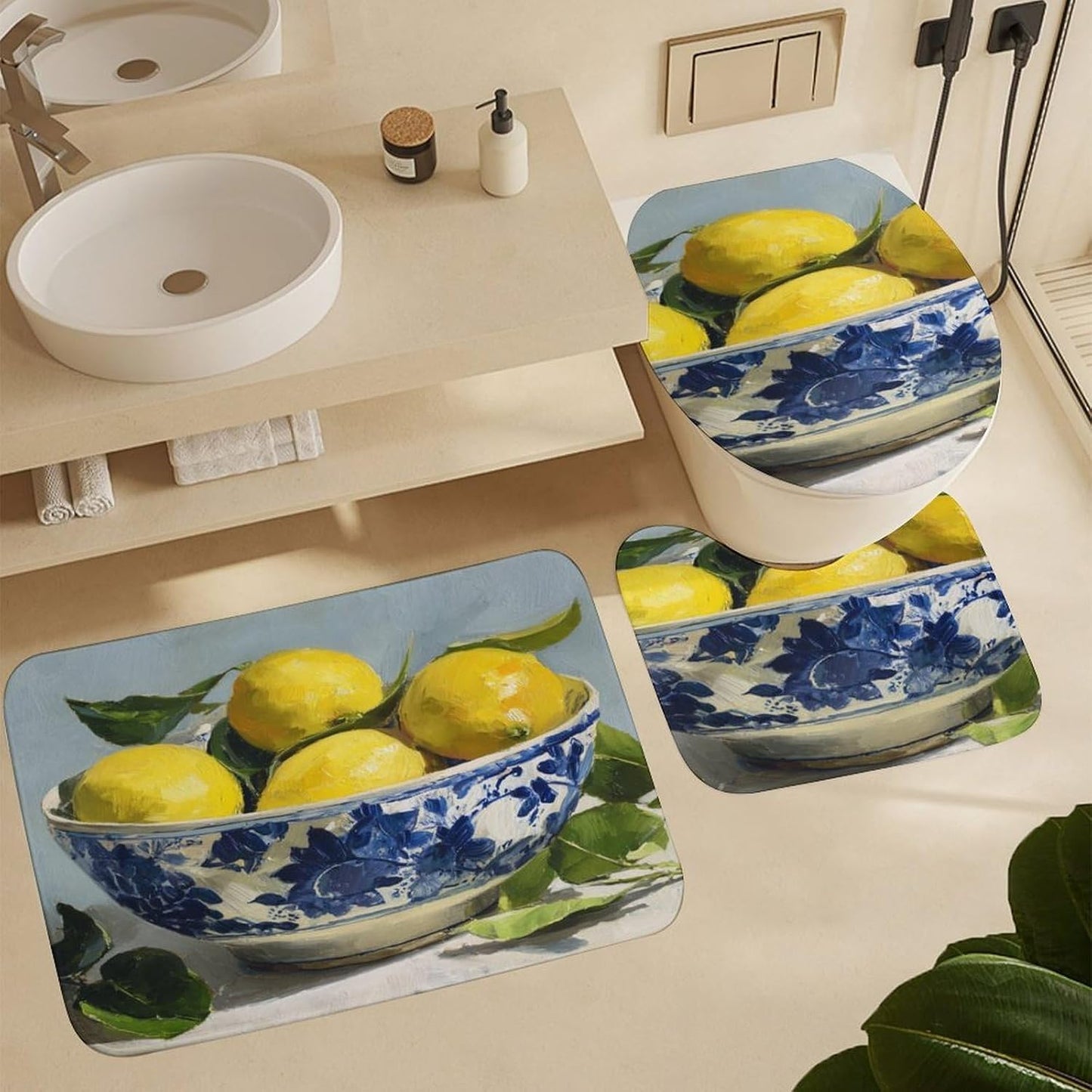 Yellow Lemons 4 Pcs Shower Curtain Accessories Waterproof Shower Curtains Yellow Summer Lemon Polyester Shower Curtain 72x72 Fabric Shower Curtain with Rug