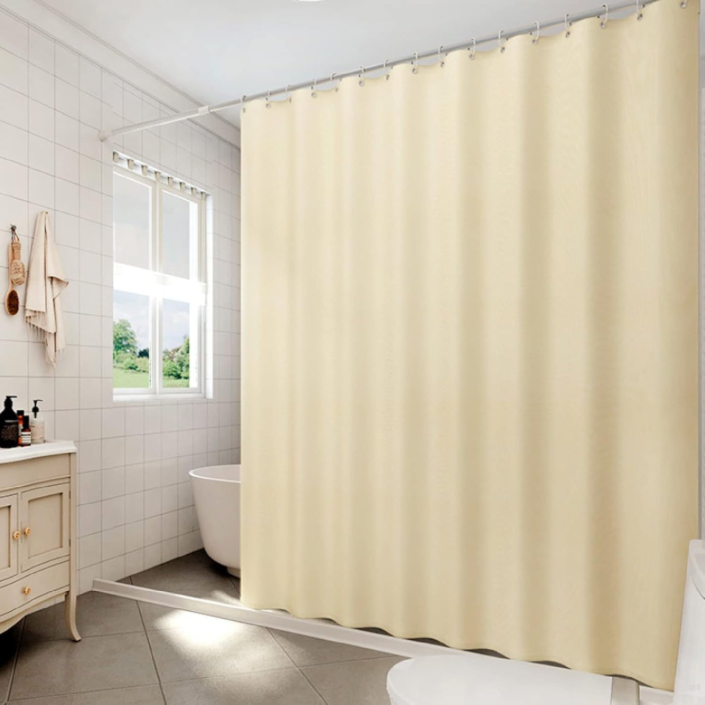 Light Yellow Shower Curtain Liner, 72'' × 72'' inch Fabric Cloth Shower Curtains with Grommet and Hooks, Water Resistant Machine Washable Easy Care