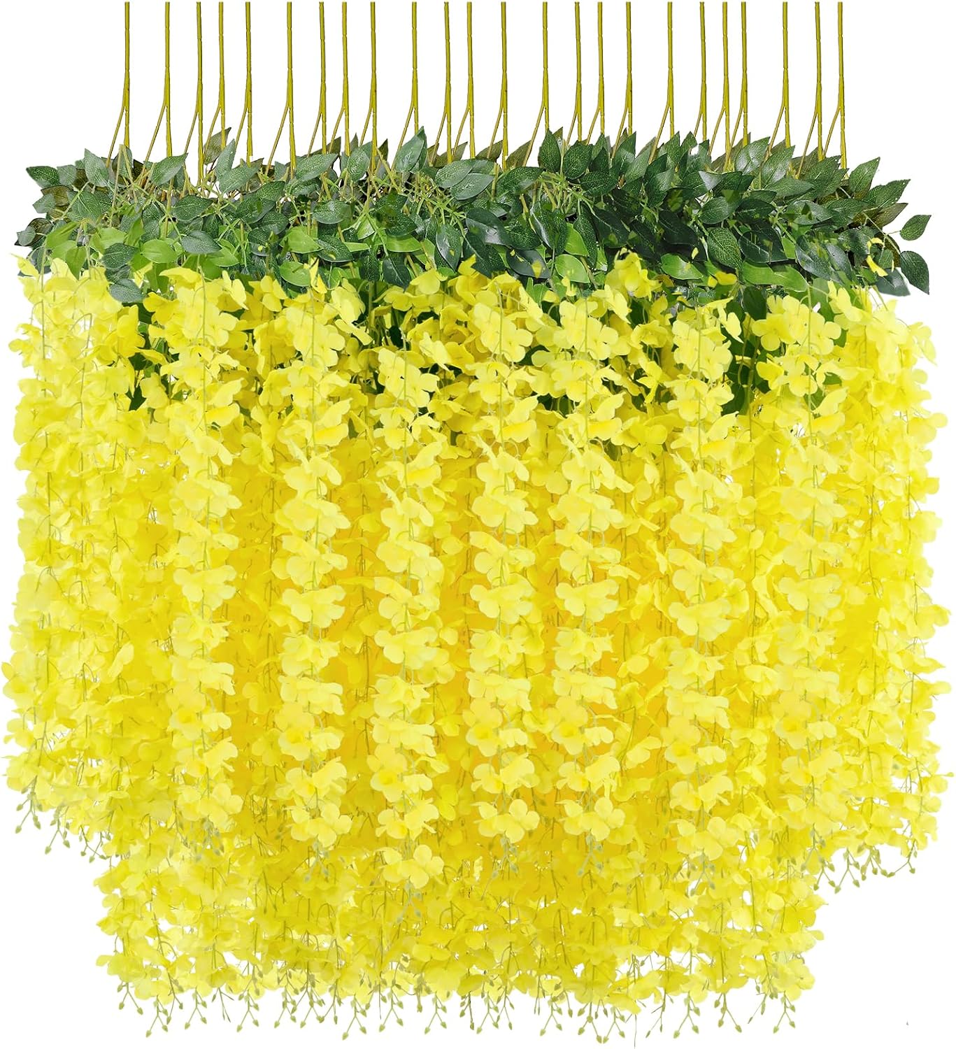 24 Pack (Total 86.4 Feet) Artificial Fake Wisteria Vine Rattan Hanging Garland Silk Flowers String Home Party Wedding Decor (24,Yellow)