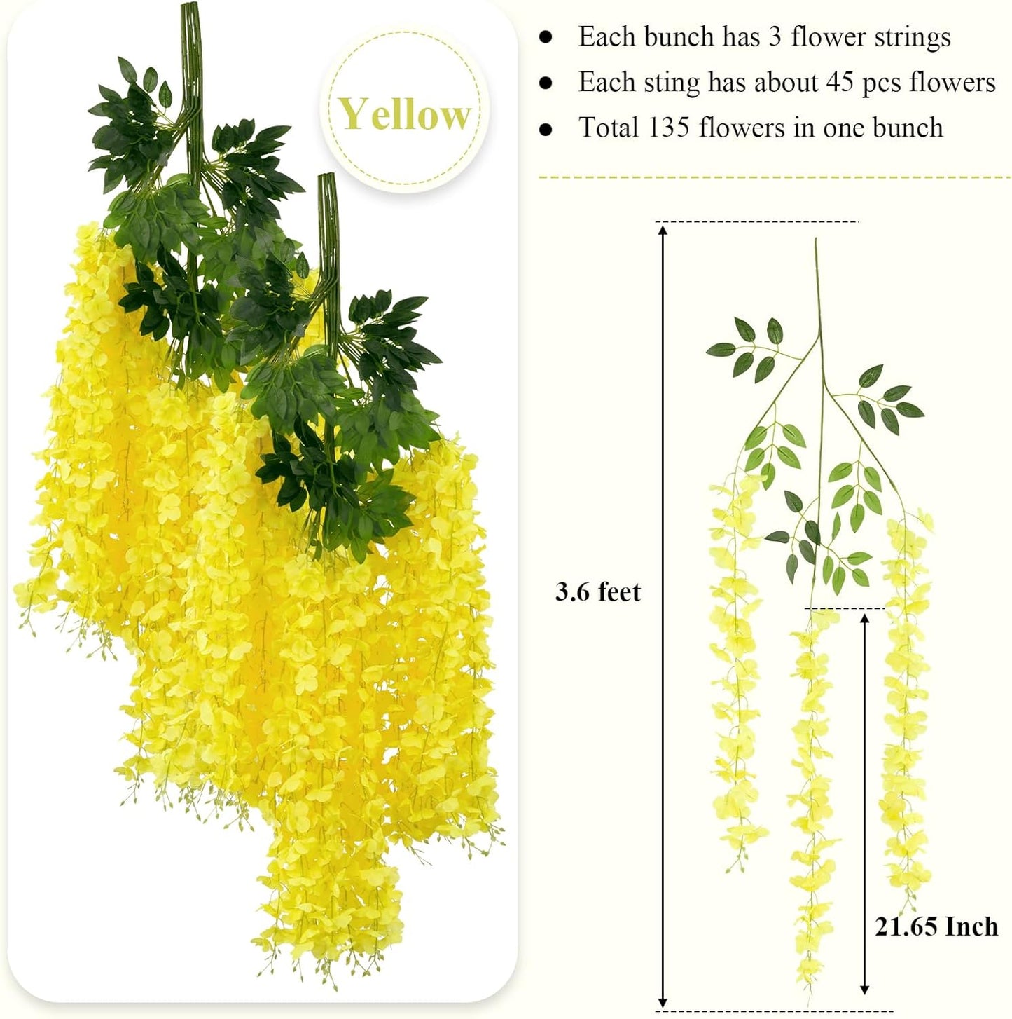 24 Pack (Total 86.4 Feet) Artificial Fake Wisteria Vine Rattan Hanging Garland Silk Flowers String Home Party Wedding Decor (24,Yellow)