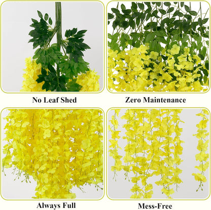 24 Pack (Total 86.4 Feet) Artificial Fake Wisteria Vine Rattan Hanging Garland Silk Flowers String Home Party Wedding Decor (24,Yellow)