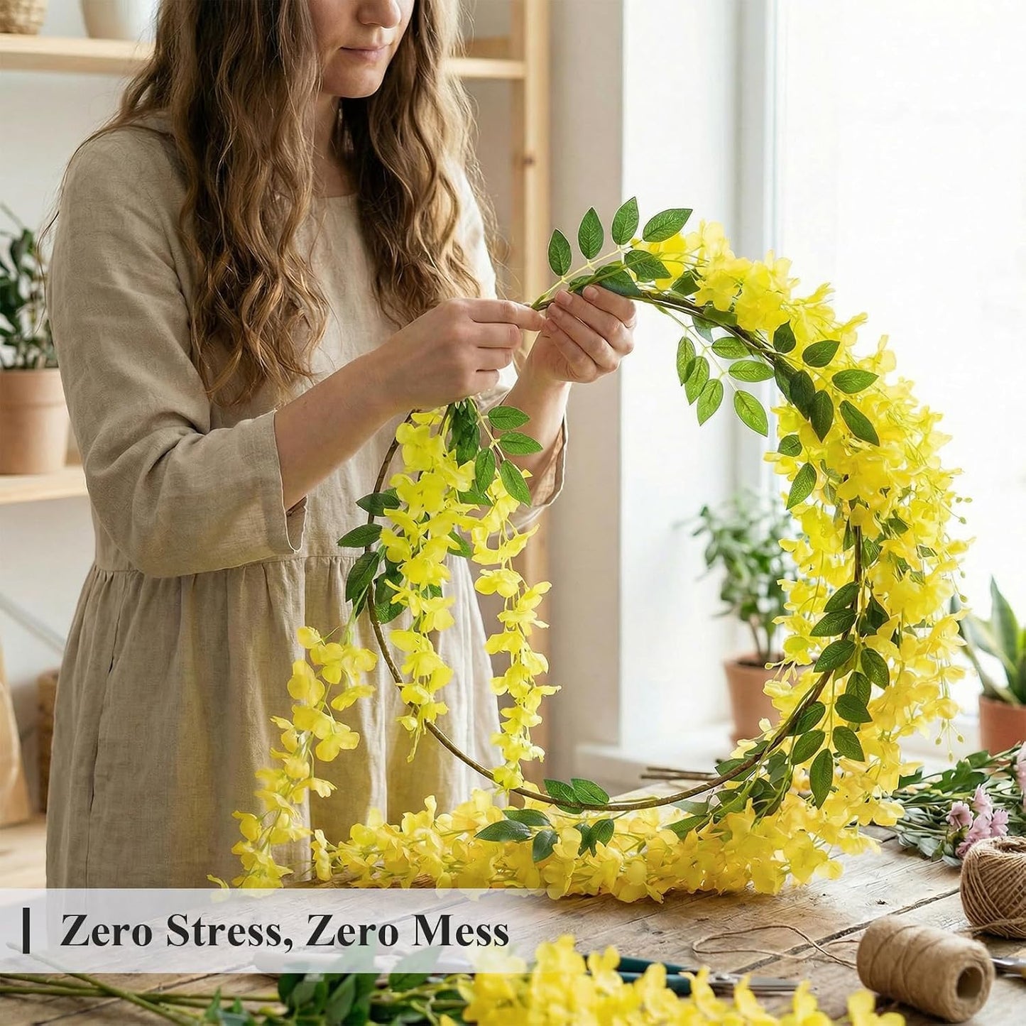 24 Pack (Total 86.4 Feet) Artificial Fake Wisteria Vine Rattan Hanging Garland Silk Flowers String Home Party Wedding Decor (24,Yellow)