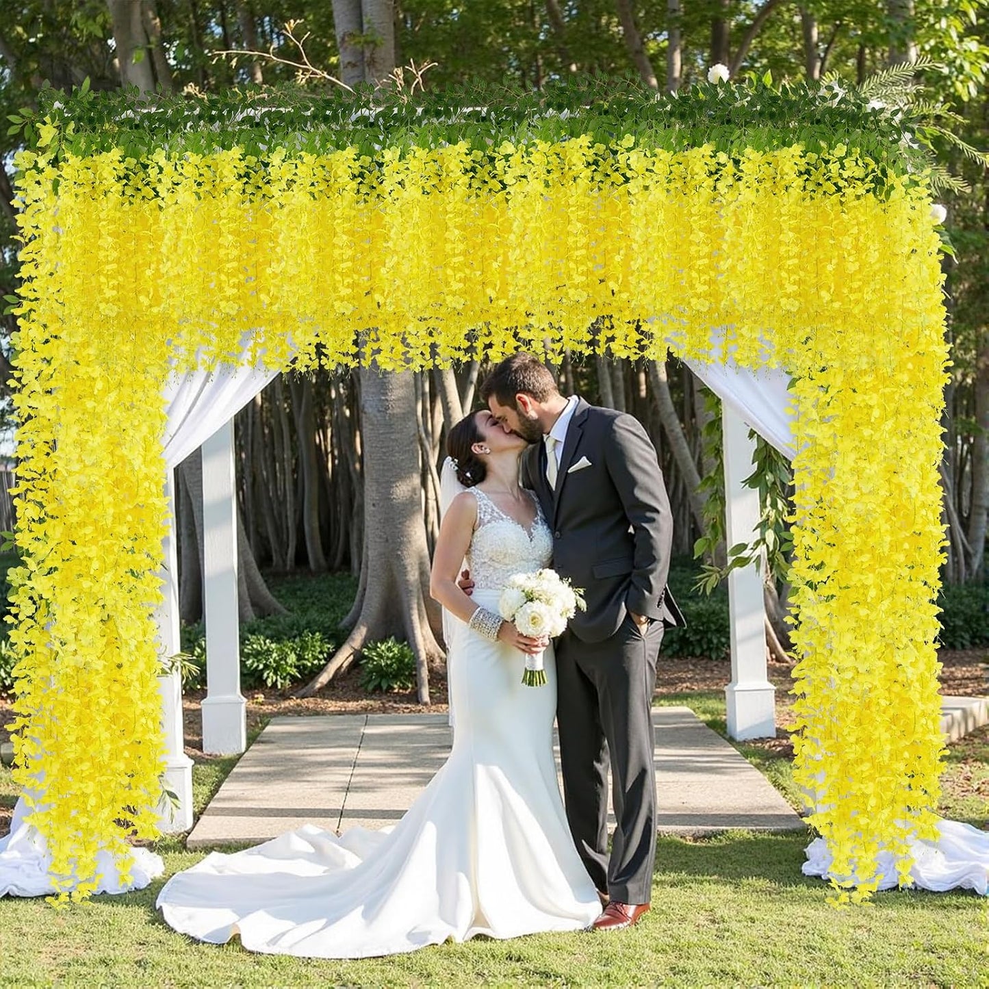 24 Pack (Total 86.4 Feet) Artificial Fake Wisteria Vine Rattan Hanging Garland Silk Flowers String Home Party Wedding Decor (24,Yellow)