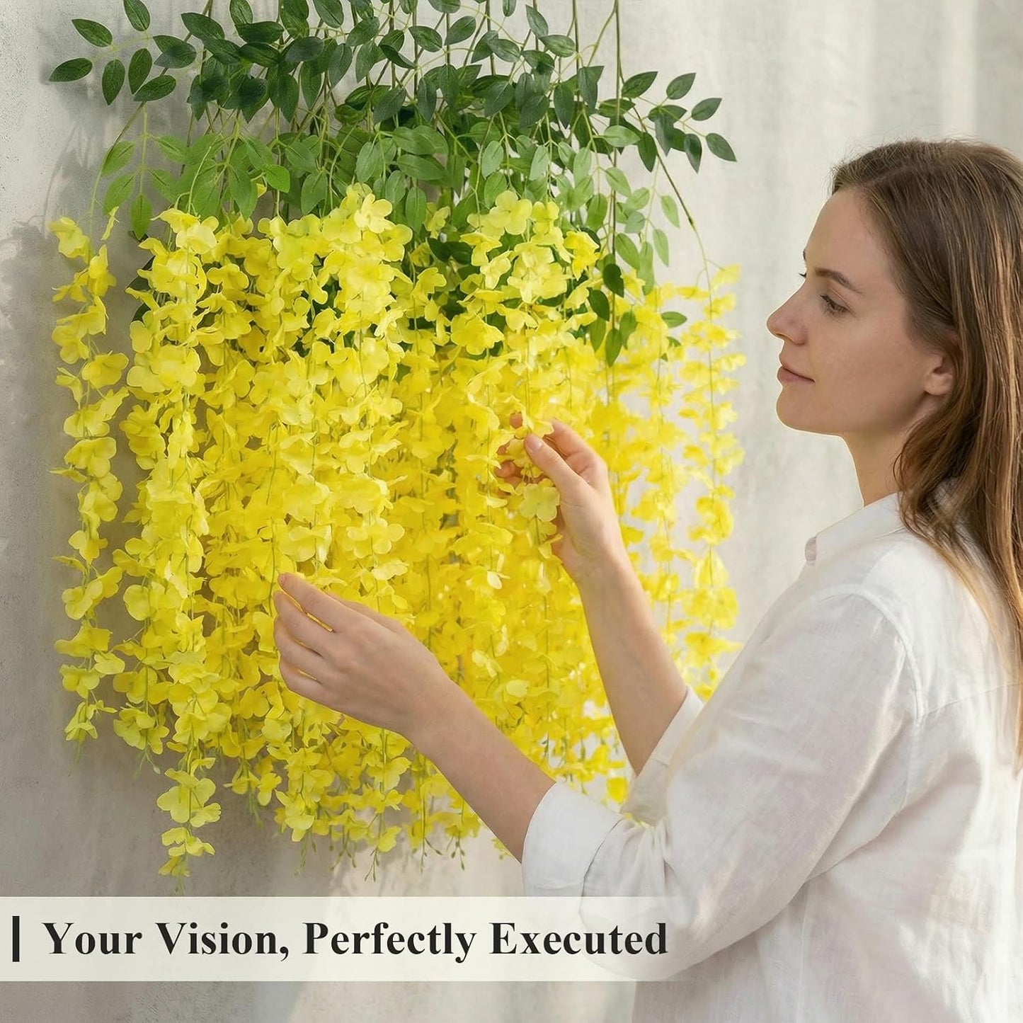 24 Pack (Total 86.4 Feet) Artificial Fake Wisteria Vine Rattan Hanging Garland Silk Flowers String Home Party Wedding Decor (24,Yellow)