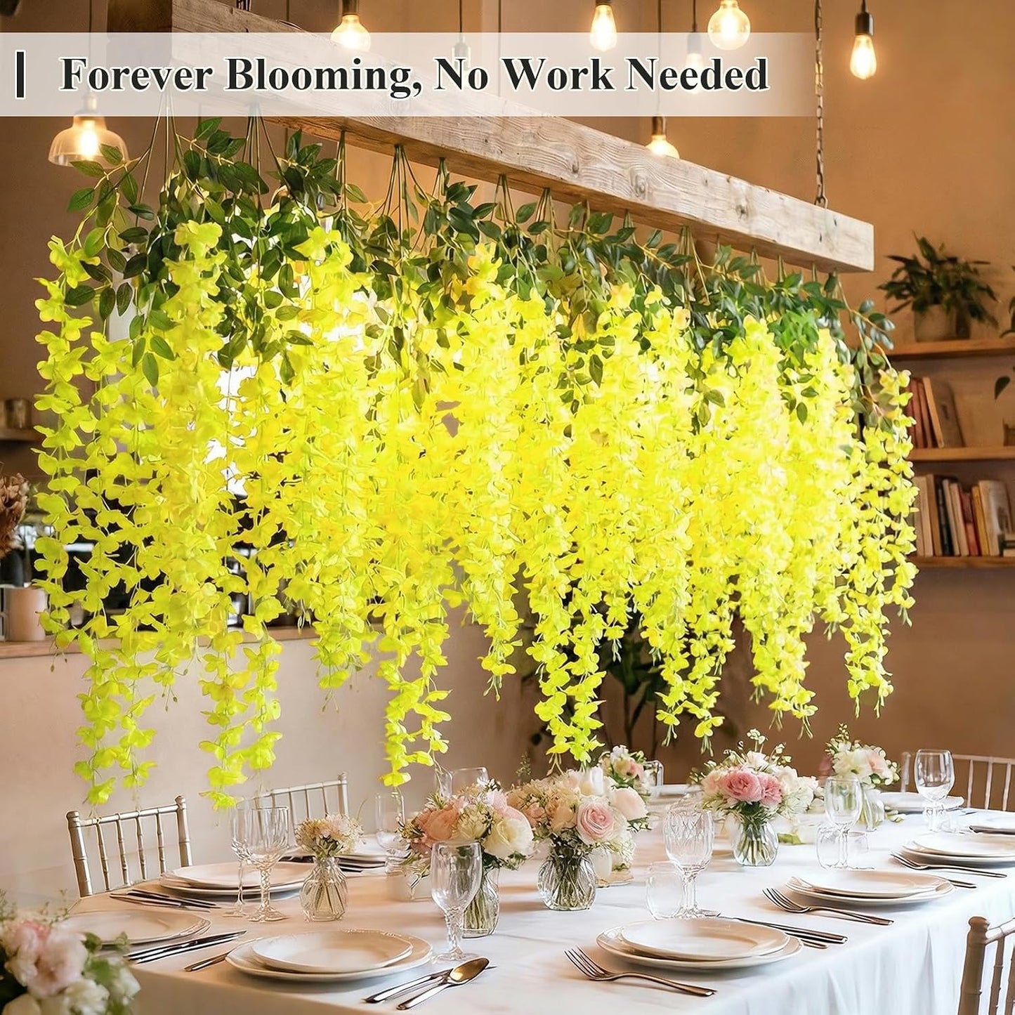 24 Pack (Total 86.4 Feet) Artificial Fake Wisteria Vine Rattan Hanging Garland Silk Flowers String Home Party Wedding Decor (24,Yellow)