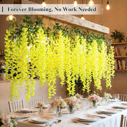 24 Pack (Total 86.4 Feet) Artificial Fake Wisteria Vine Rattan Hanging Garland Silk Flowers String Home Party Wedding Decor (24,Yellow)
