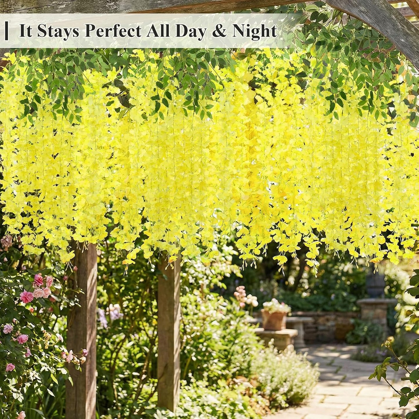 24 Pack (Total 86.4 Feet) Artificial Fake Wisteria Vine Rattan Hanging Garland Silk Flowers String Home Party Wedding Decor (24,Yellow)
