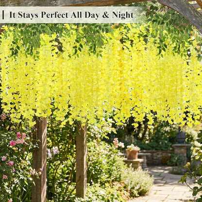 24 Pack (Total 86.4 Feet) Artificial Fake Wisteria Vine Rattan Hanging Garland Silk Flowers String Home Party Wedding Decor (24,Yellow)