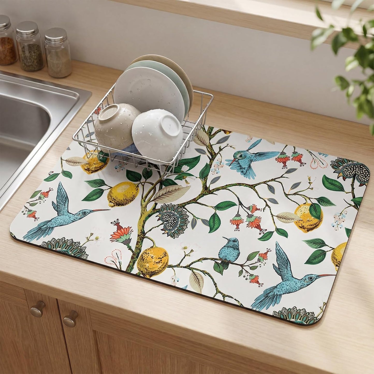 Dish Drying Mat for Kitchen Counter, 12"x20" Absorbent Coffee Bar Mat with Hummingbird Lemon Tree, Diatomite Drainer Drying Mats with Non-slip Backing for Kitchen Sink Countertop