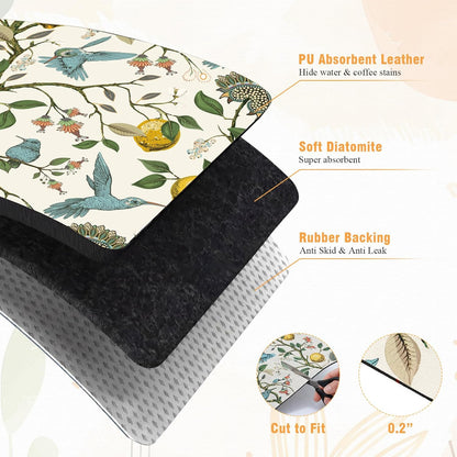 Dish Drying Mat for Kitchen Counter, 12"x20" Absorbent Coffee Bar Mat with Hummingbird Lemon Tree, Diatomite Drainer Drying Mats with Non-slip Backing for Kitchen Sink Countertop