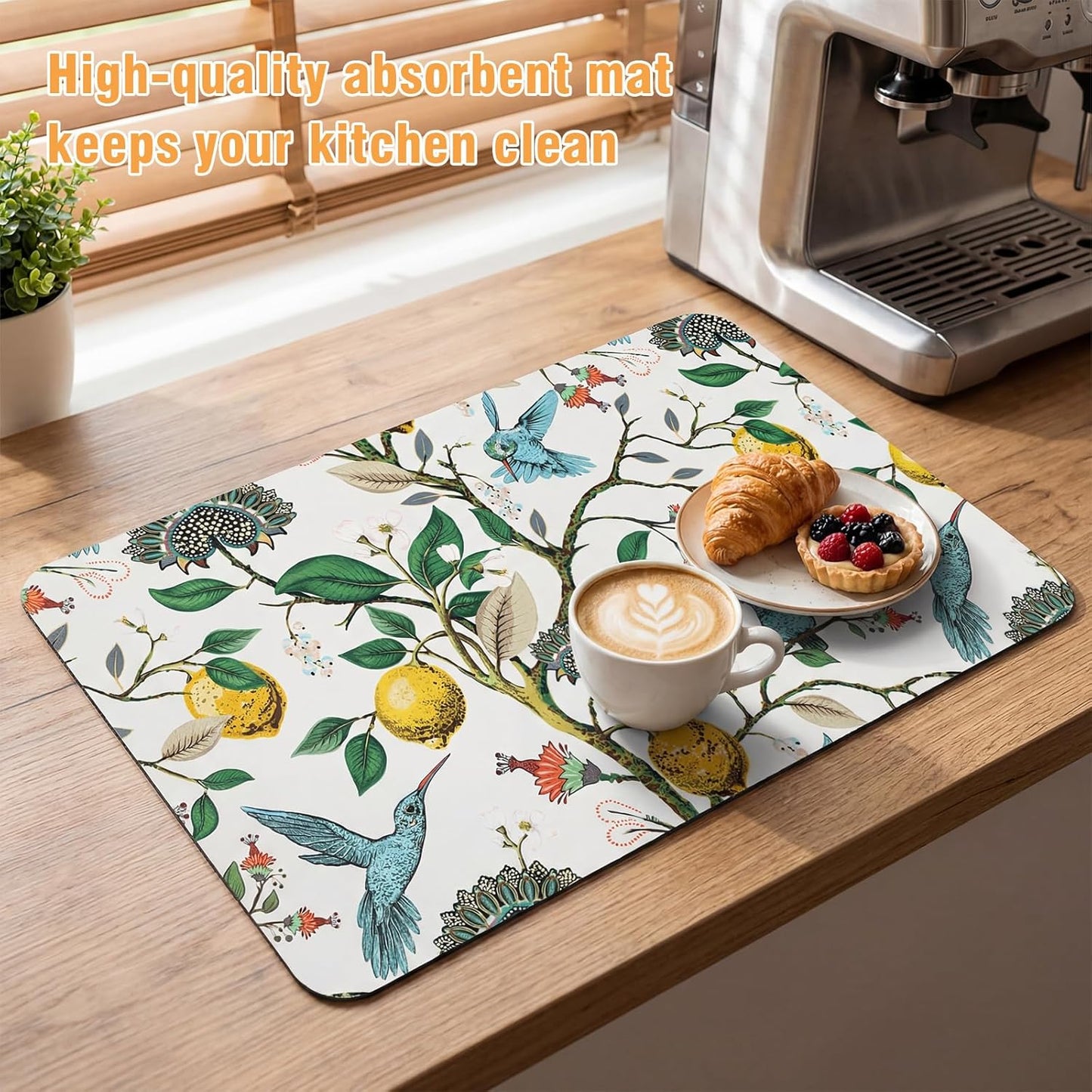 Dish Drying Mat for Kitchen Counter, 12"x20" Absorbent Coffee Bar Mat with Hummingbird Lemon Tree, Diatomite Drainer Drying Mats with Non-slip Backing for Kitchen Sink Countertop