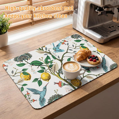 Dish Drying Mat for Kitchen Counter, 12"x20" Absorbent Coffee Bar Mat with Hummingbird Lemon Tree, Diatomite Drainer Drying Mats with Non-slip Backing for Kitchen Sink Countertop