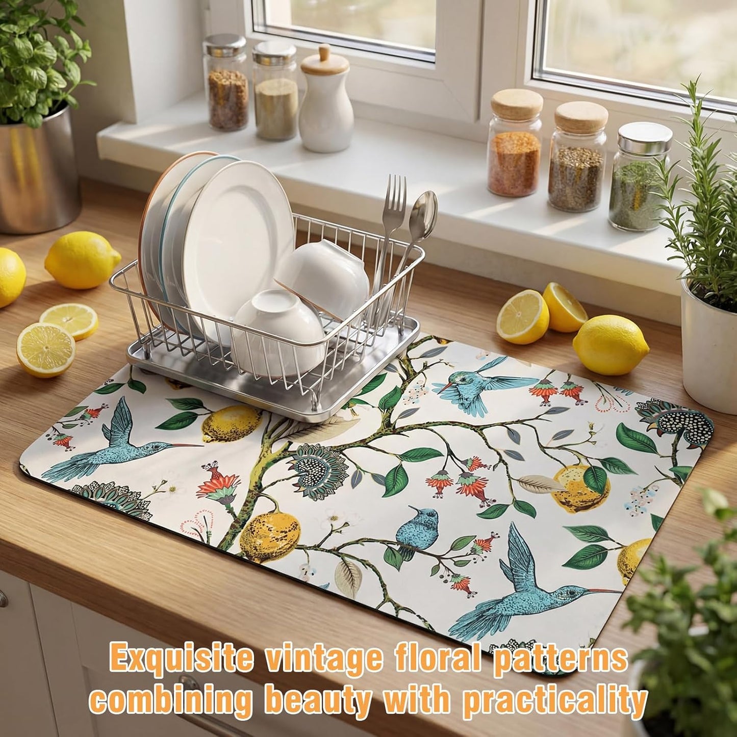 Dish Drying Mat for Kitchen Counter, 12"x20" Absorbent Coffee Bar Mat with Hummingbird Lemon Tree, Diatomite Drainer Drying Mats with Non-slip Backing for Kitchen Sink Countertop