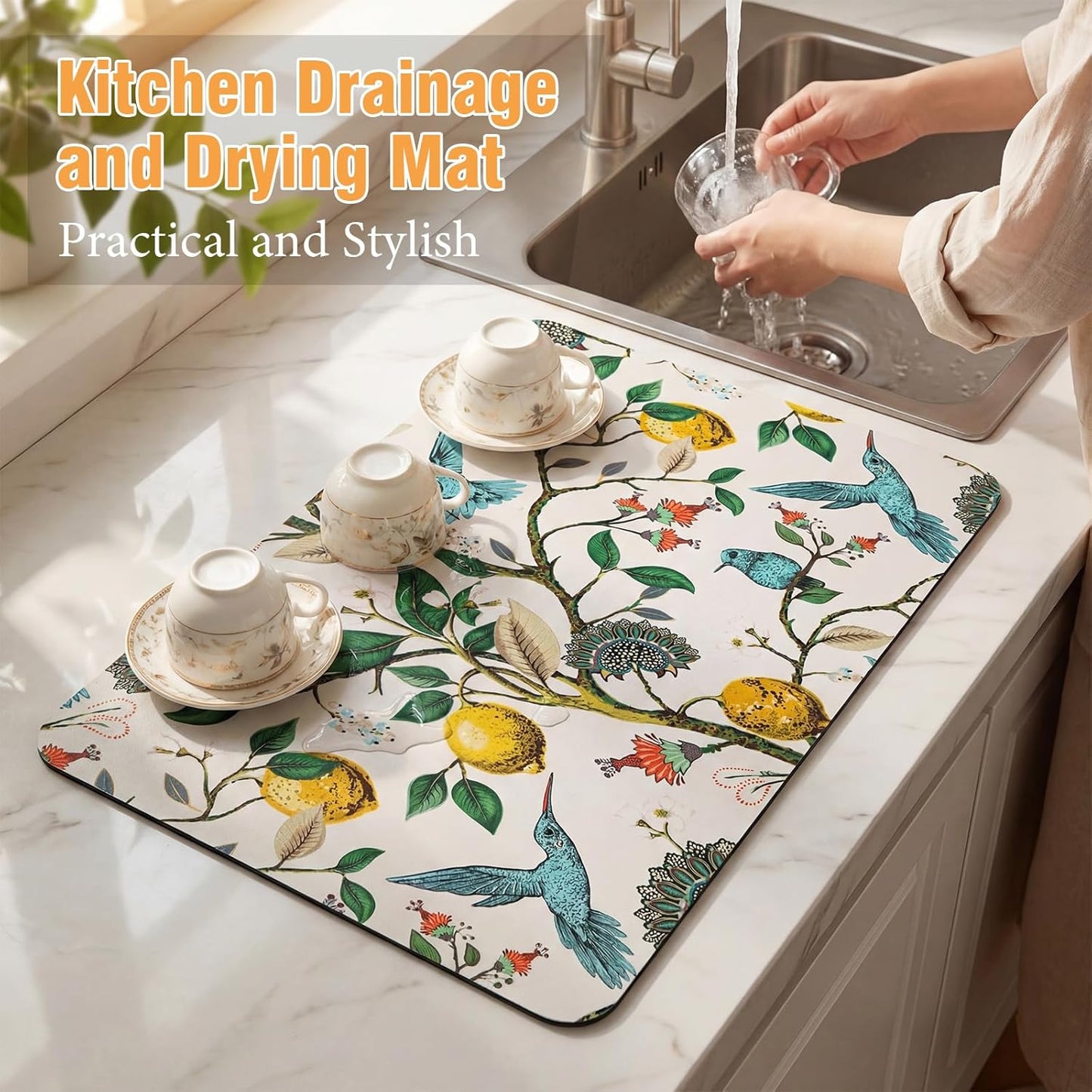 Dish Drying Mat for Kitchen Counter, 12"x20" Absorbent Coffee Bar Mat with Hummingbird Lemon Tree, Diatomite Drainer Drying Mats with Non-slip Backing for Kitchen Sink Countertop