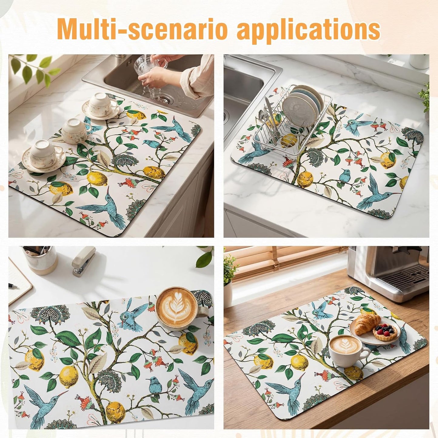 Dish Drying Mat for Kitchen Counter, 12"x20" Absorbent Coffee Bar Mat with Hummingbird Lemon Tree, Diatomite Drainer Drying Mats with Non-slip Backing for Kitchen Sink Countertop