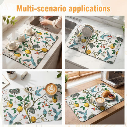 Dish Drying Mat for Kitchen Counter, 12"x20" Absorbent Coffee Bar Mat with Hummingbird Lemon Tree, Diatomite Drainer Drying Mats with Non-slip Backing for Kitchen Sink Countertop