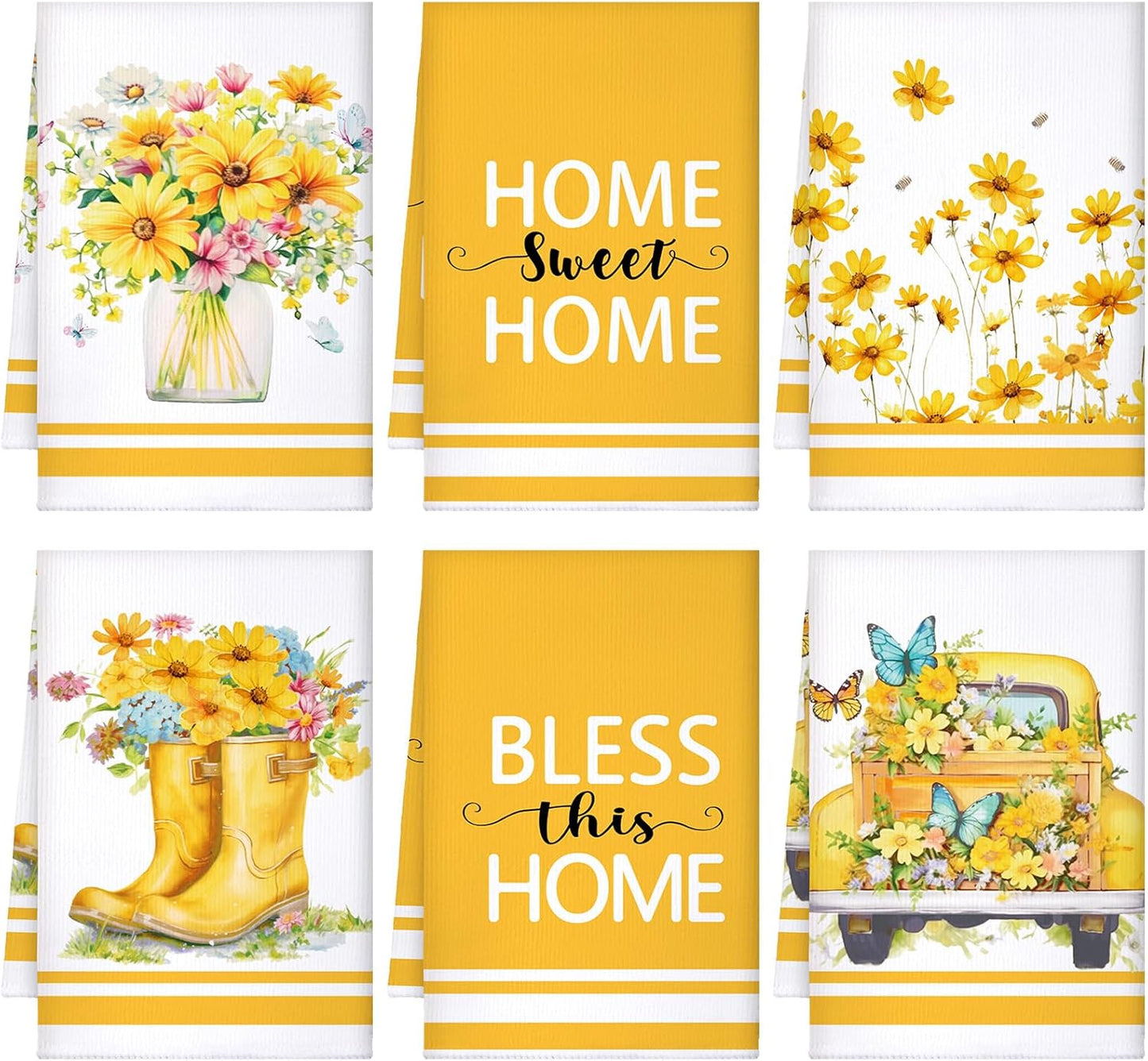Set of 6 Yellow Flower Kitchen Towels Decorative Floral Tea Towels Absorbent Home Dish Towels 24 x 16 Inch Truck Reusable Hand Towel Housewarming Gift for Farmhouse Kitchen Bathroom Decoration