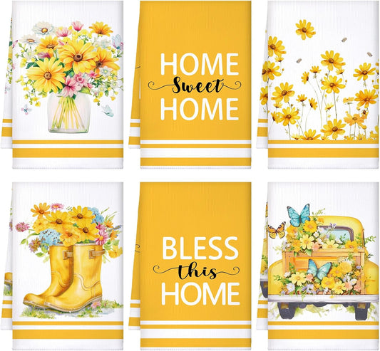 Set of 6 Yellow Flower Kitchen Towels Decorative Floral Tea Towels Absorbent Home Dish Towels 24 x 16 Inch Truck Reusable Hand Towel Housewarming Gift for Farmhouse Kitchen Bathroom Decoration