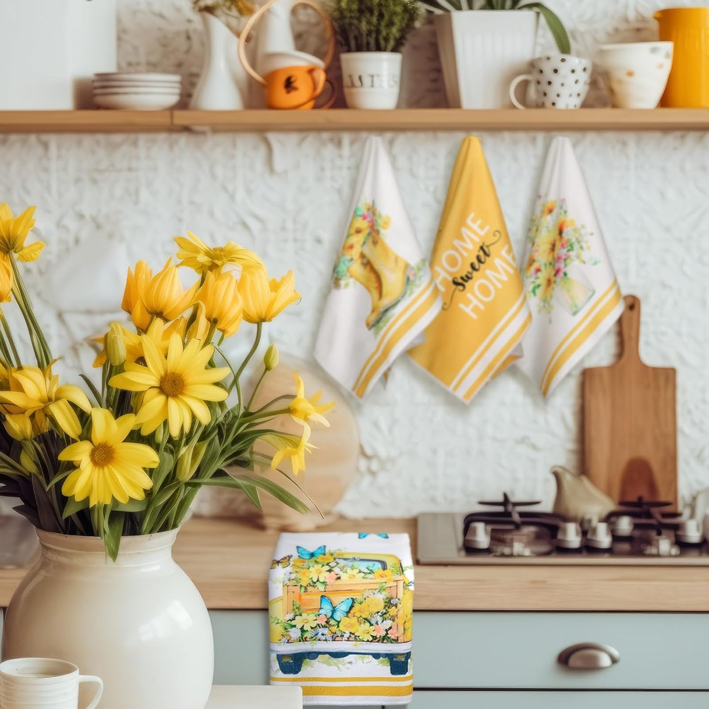 Set of 6 Yellow Flower Kitchen Towels Decorative Floral Tea Towels Absorbent Home Dish Towels 24 x 16 Inch Truck Reusable Hand Towel Housewarming Gift for Farmhouse Kitchen Bathroom Decoration