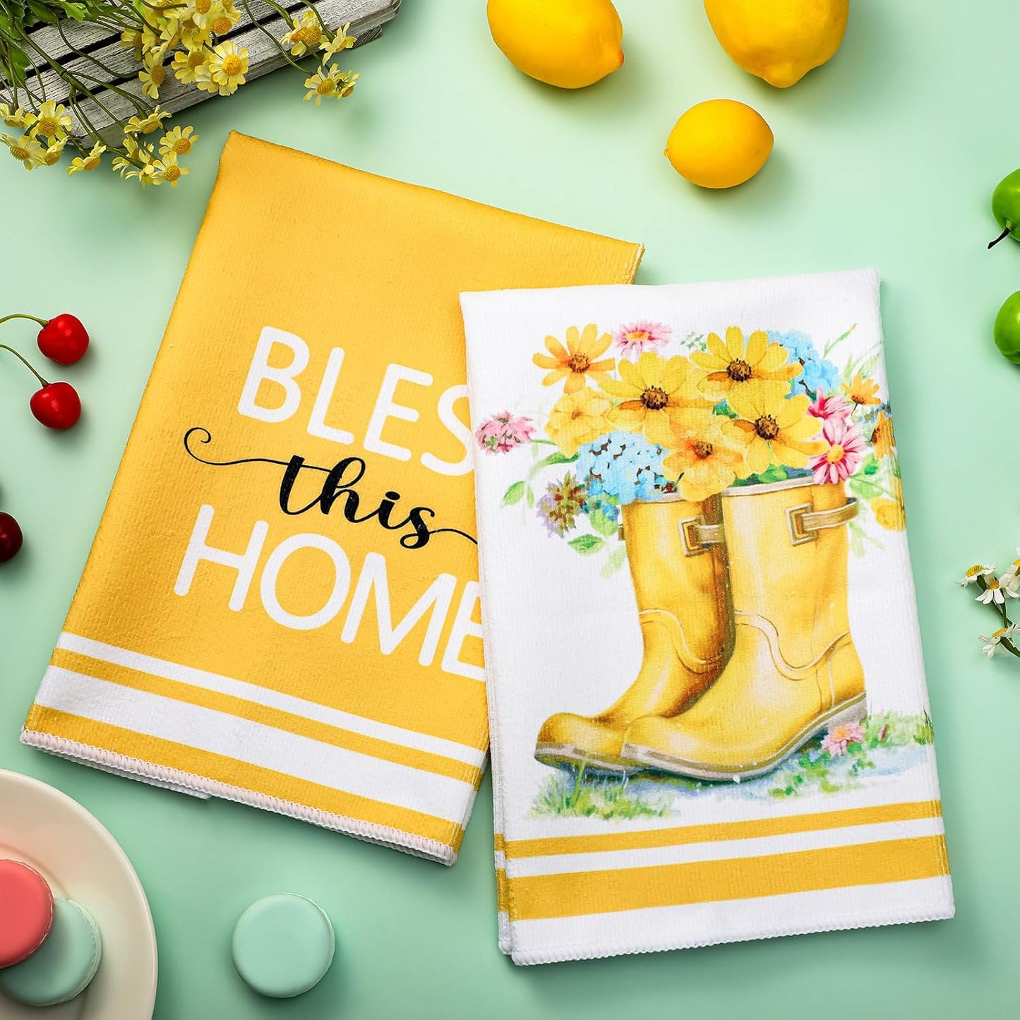 Set of 6 Yellow Flower Kitchen Towels Decorative Floral Tea Towels Absorbent Home Dish Towels 24 x 16 Inch Truck Reusable Hand Towel Housewarming Gift for Farmhouse Kitchen Bathroom Decoration