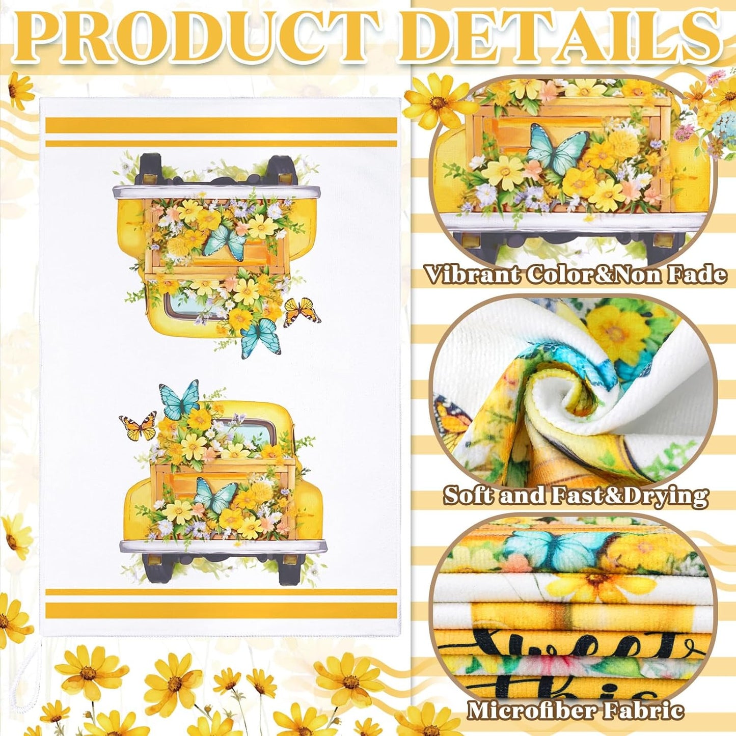 Set of 6 Yellow Flower Kitchen Towels Decorative Floral Tea Towels Absorbent Home Dish Towels 24 x 16 Inch Truck Reusable Hand Towel Housewarming Gift for Farmhouse Kitchen Bathroom Decoration