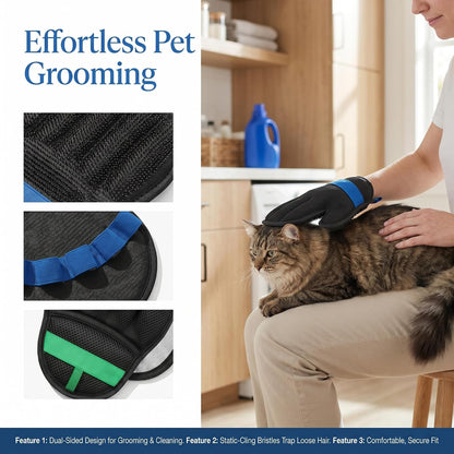 Upgraded Pet Hair Removal Glove Set, Black Five Finger Cat Grooming Glove & Banana Yellow Self-Cleaning Comb, Reusable Magic Brush Pet Hair Remover (Blue)